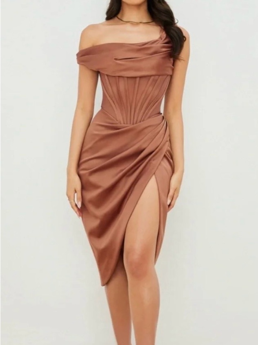 House of CB Lulu Toffee Asymmetric Drape Midi Corset Dress -S - Picture 2 of 15
